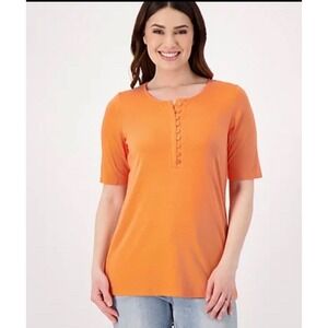 Laurie Felt Tangerine Orange Bamboo Cotton Henley Top A601119 XS